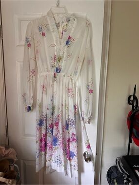 Vintage White Floral Midi Dress with Pink and Blue Accents